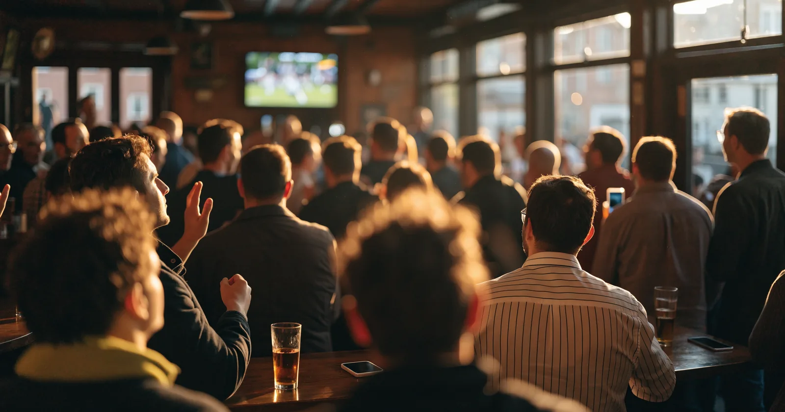 A crowded pub turned toward a bright TV screen mid-match, phones glowing on tables