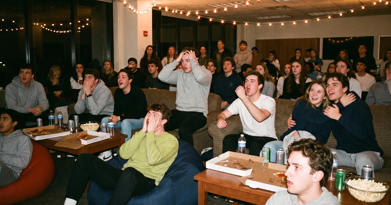 College students reacting to a tense moment at an away-game watch party in a campus student lounge