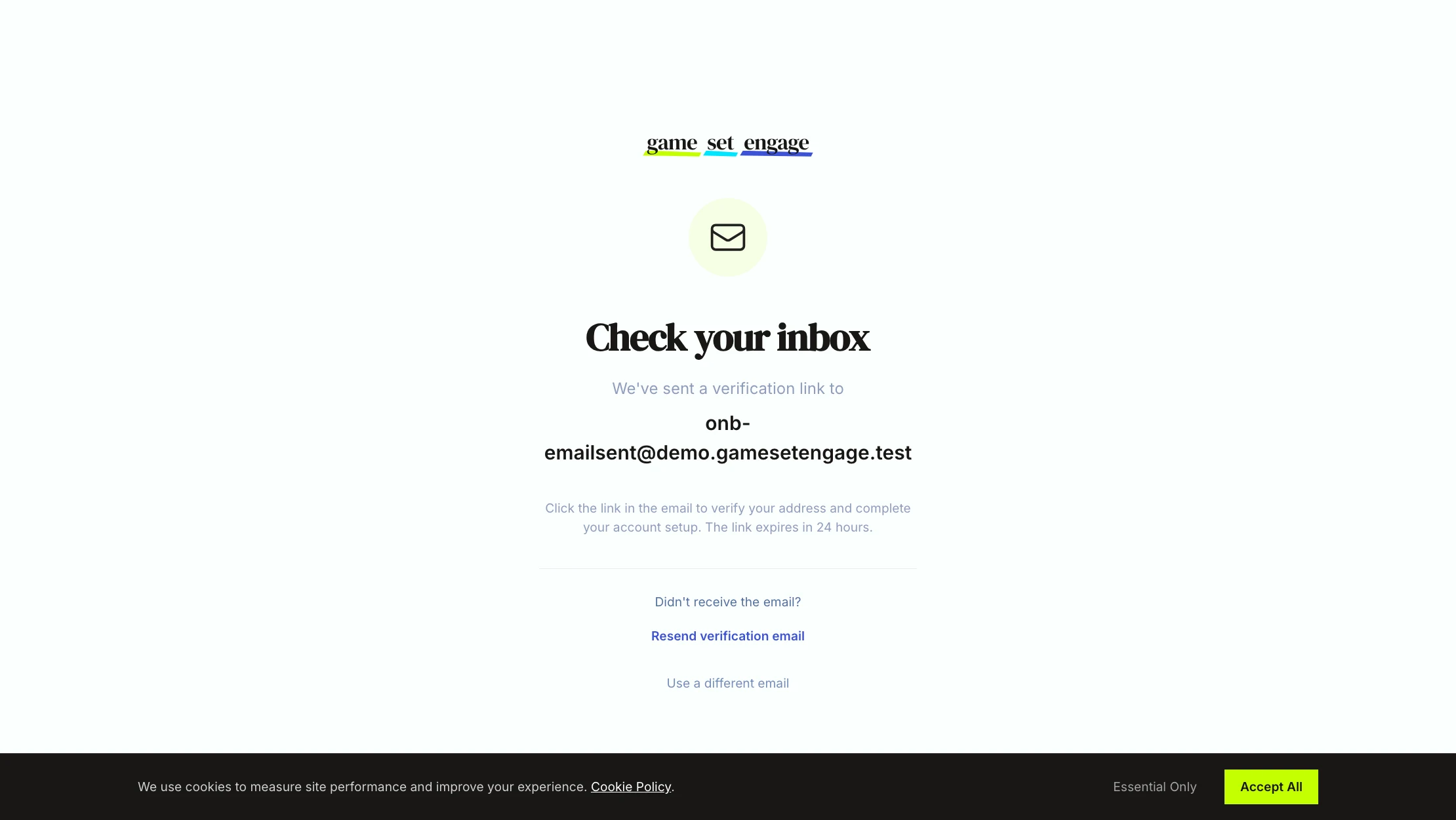 The check-your-inbox confirmation screen with resend and change-email options