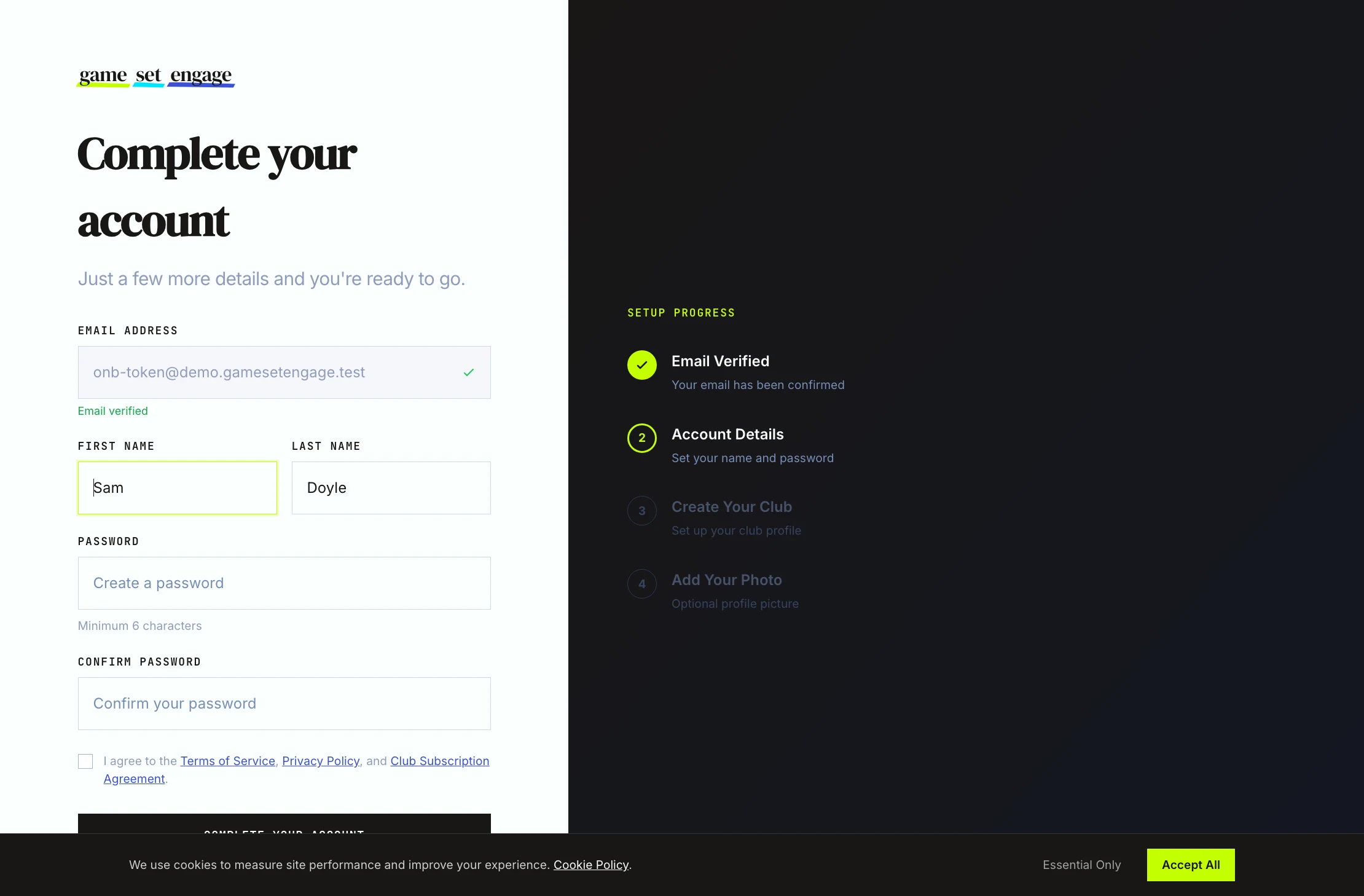 The complete-your-account form showing the verified email, name and password fields, and the terms checkbox