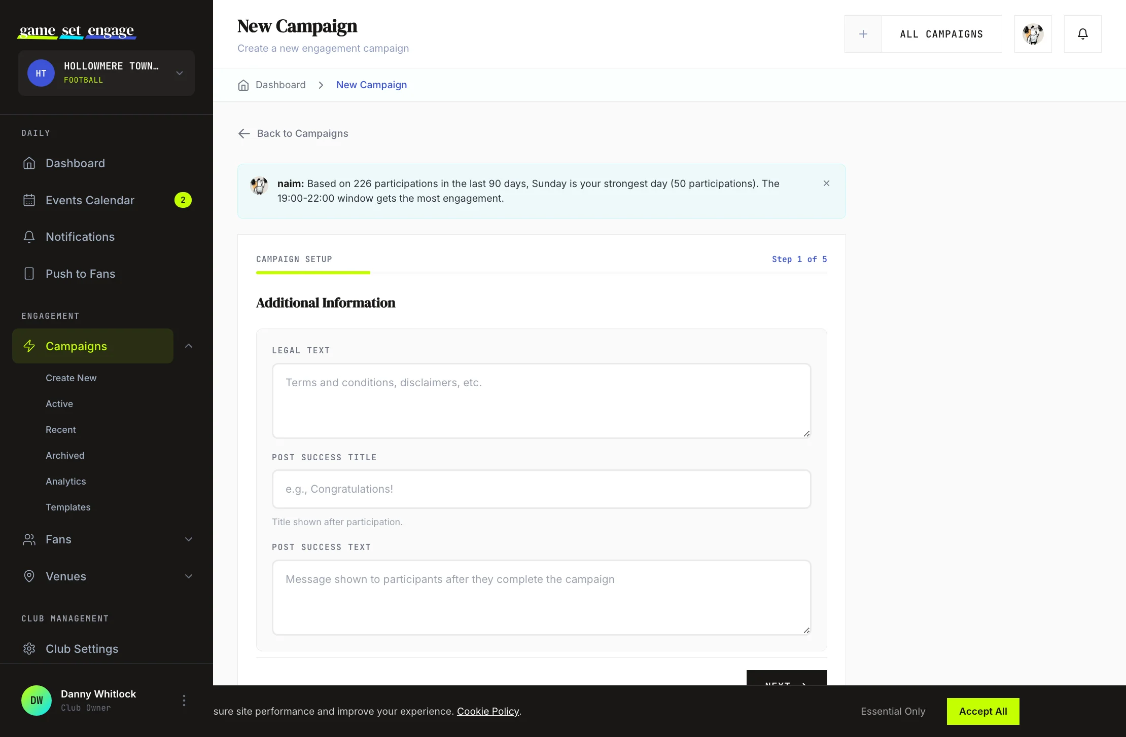 The additional information step with legal text and post-participation messages
