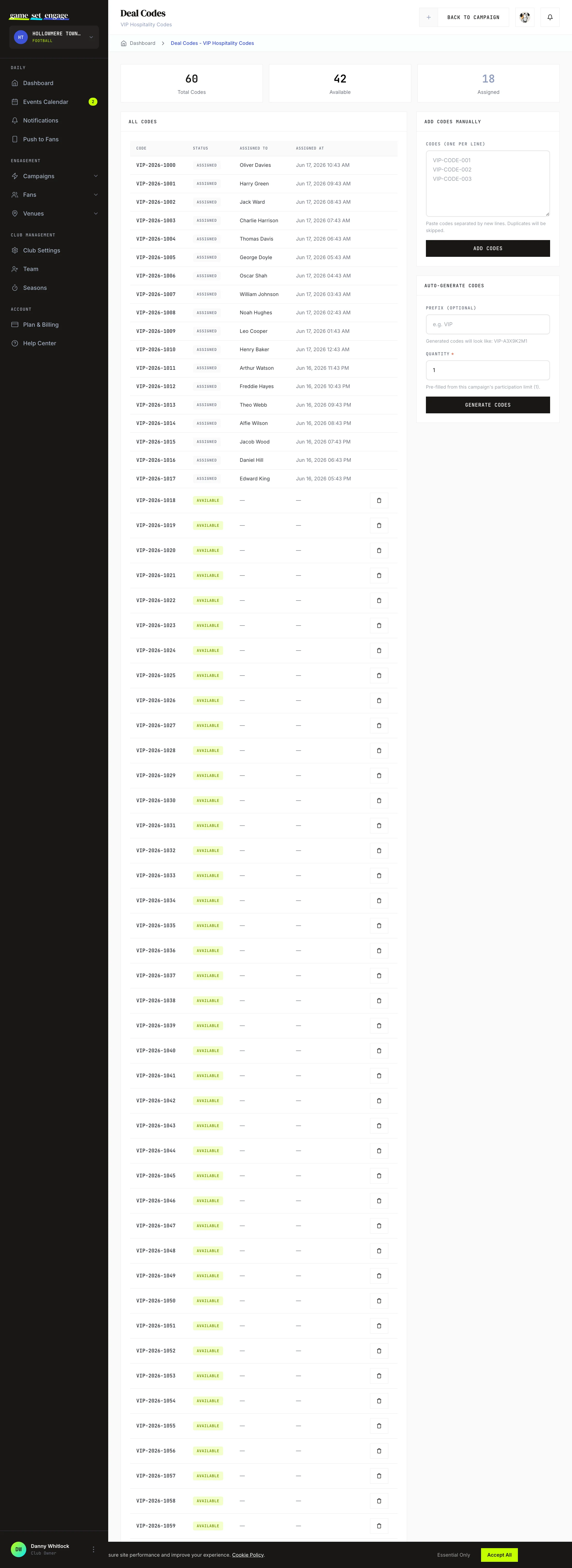 The Deal Code Pool panel on the campaign page, showing available and total counts plus the Manage Deal Codes button