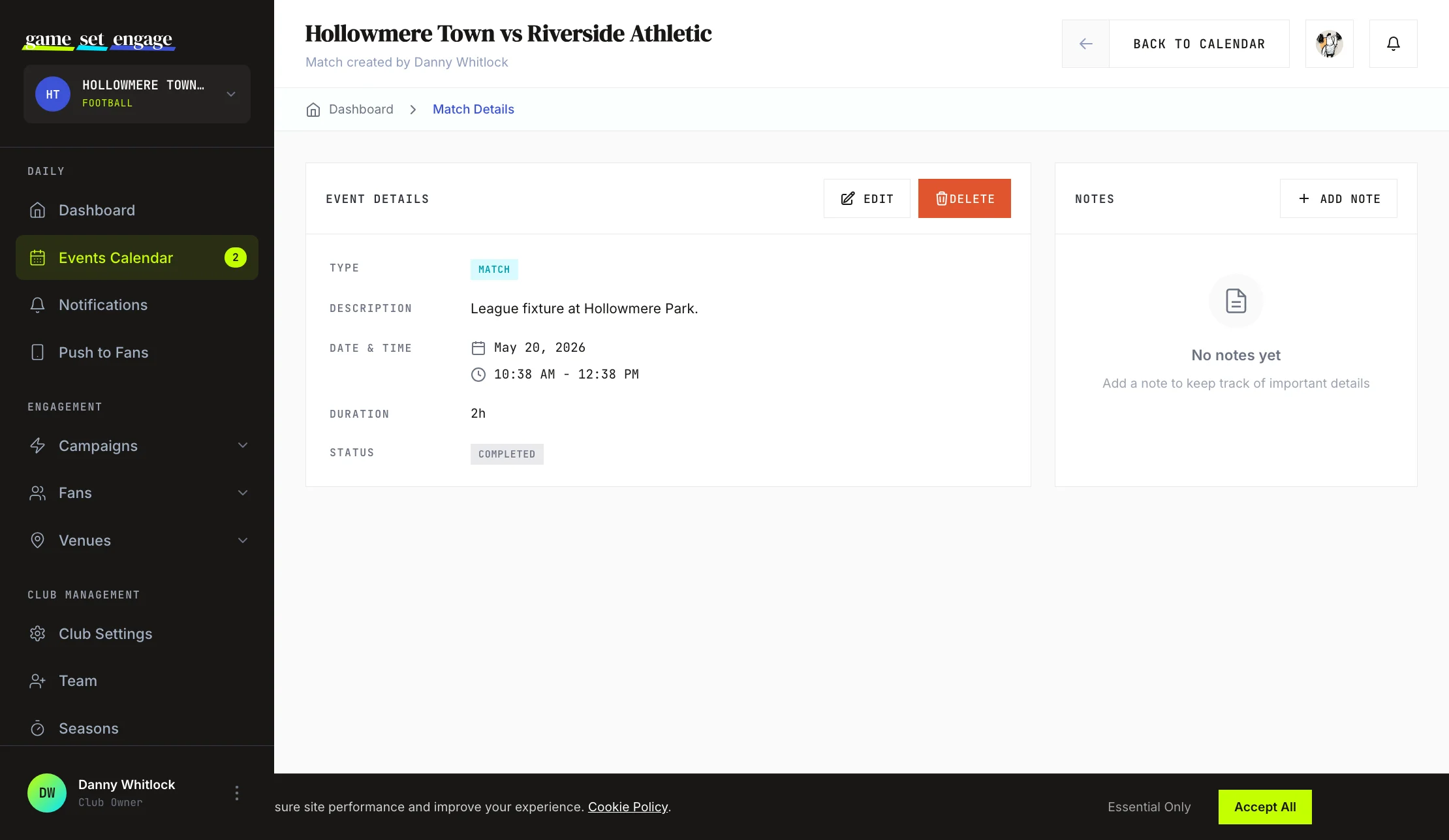 The note box with the @ mention picker open, listing crew members to tag