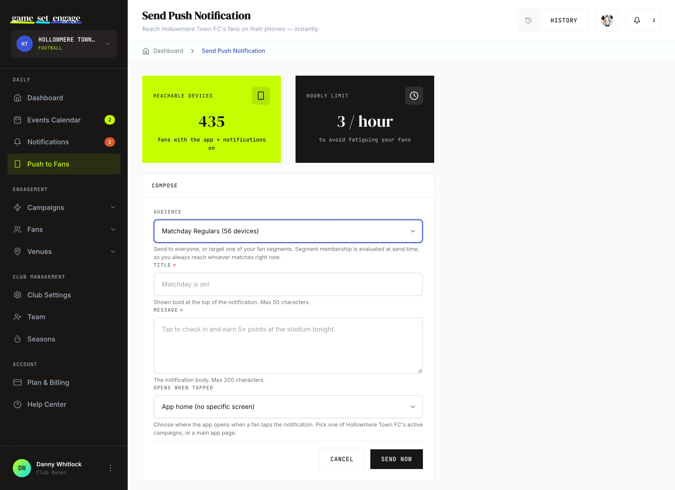 The push compose form with a segment chosen as the audience