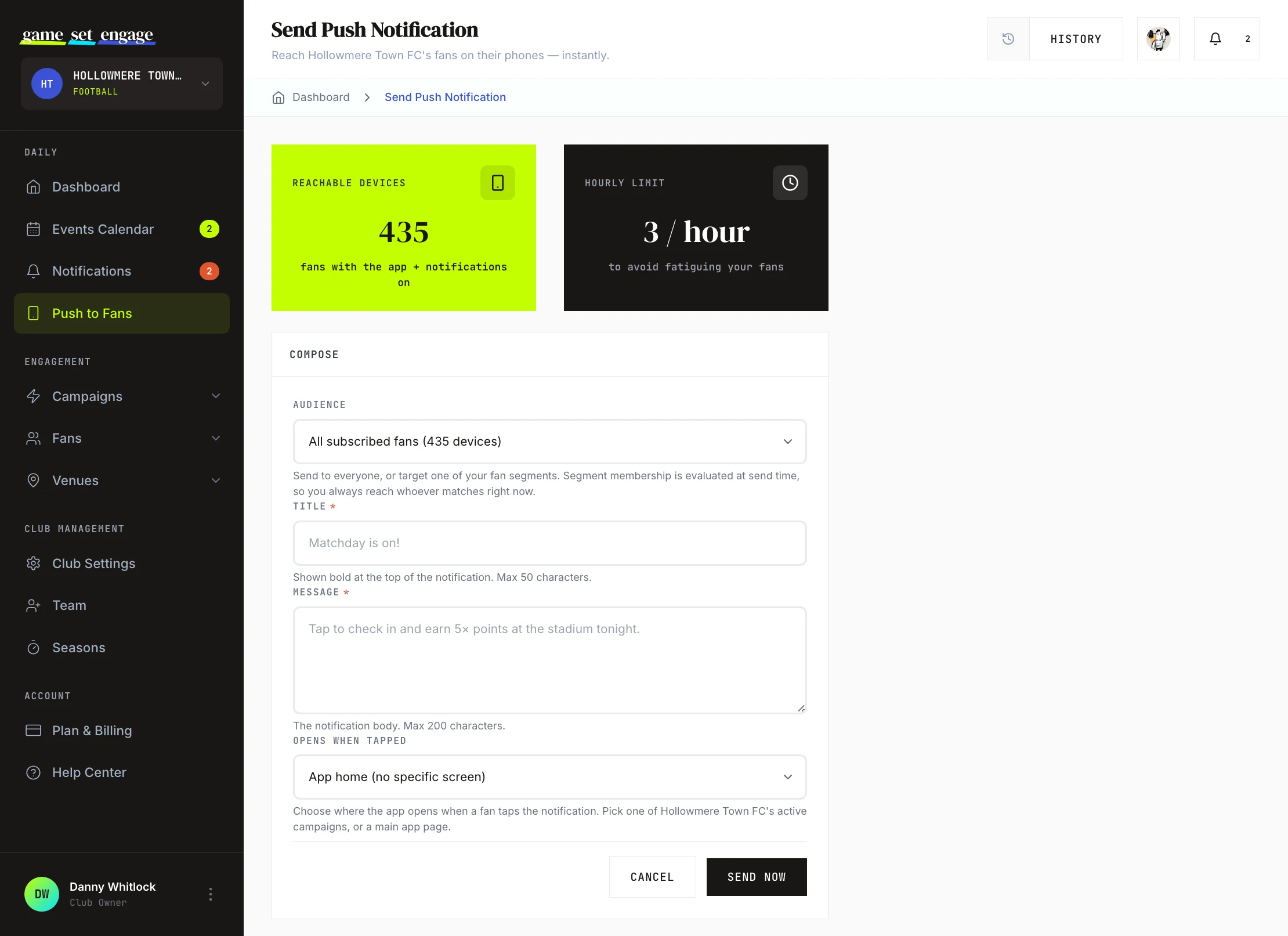The Send Push Notification screen with the reach summary and the compose form