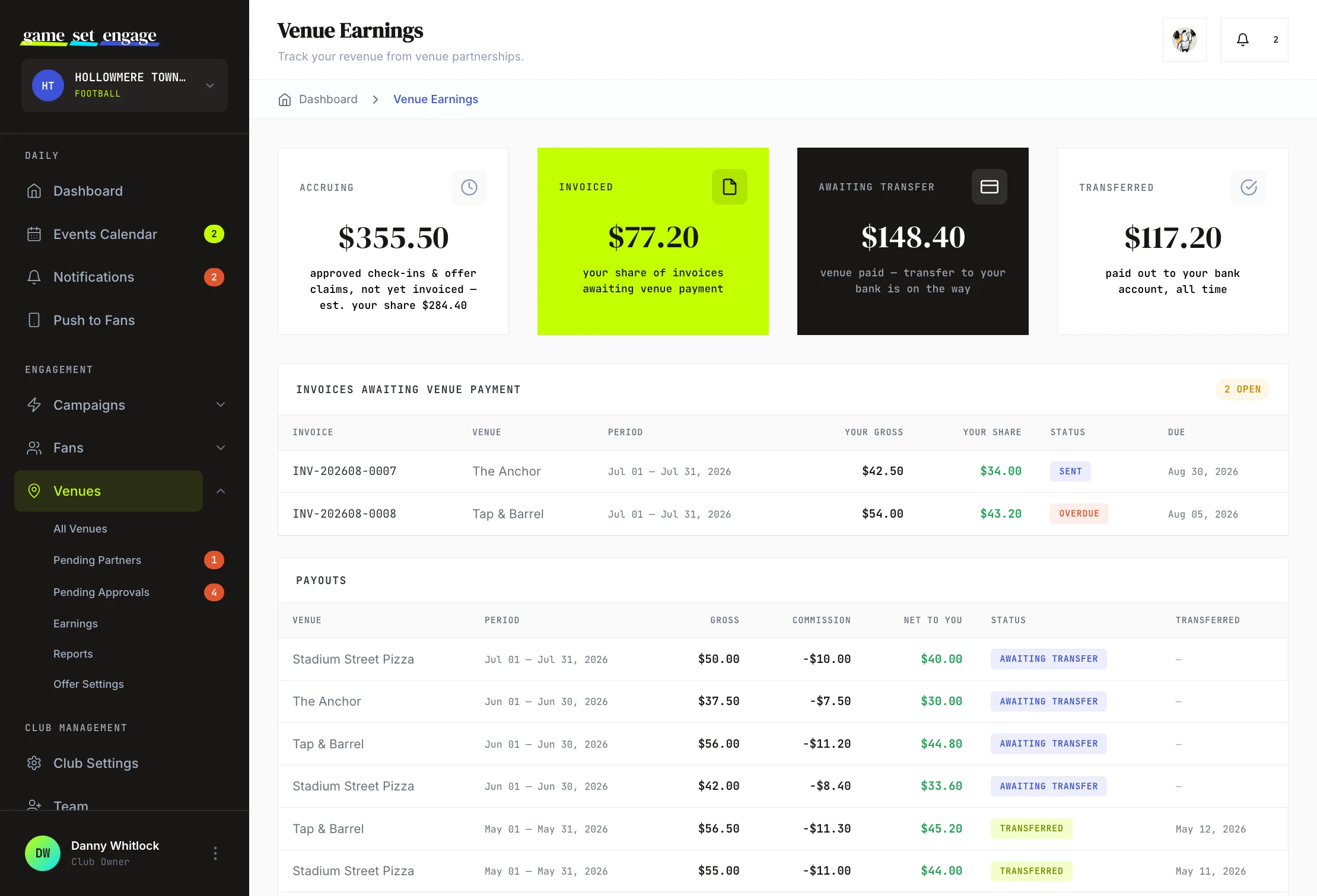 The open invoices table and the payouts ledger on the Earnings screen