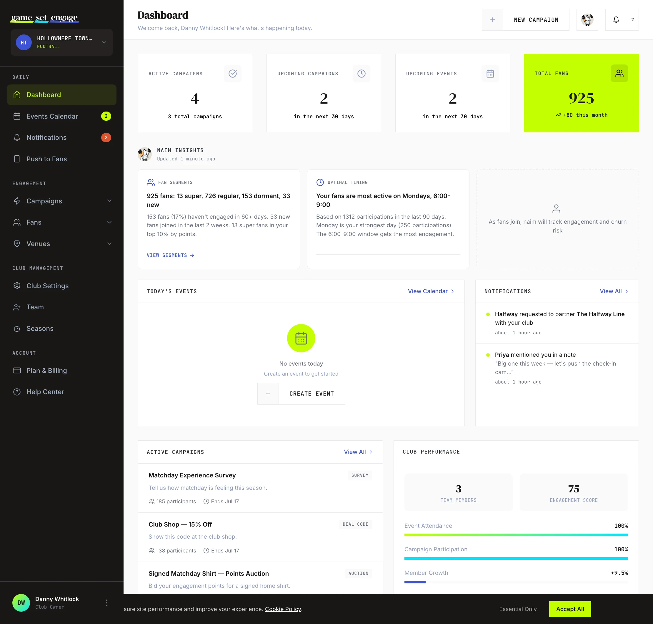 The club dashboard home screen, showing the stats cards, naim insights, and the left-hand navigation